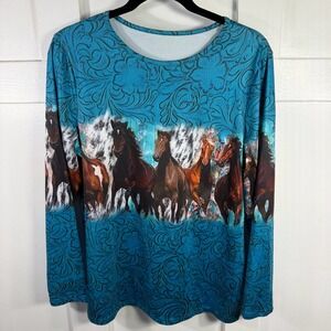 Turquoise Western Horse Print Long Sleeve Top Blouse Shirt Size M
